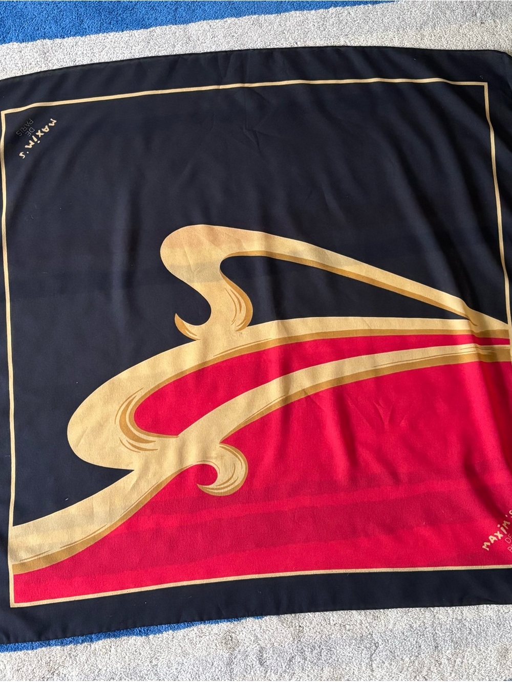 Maxim’s‎ De Paris Vintage Graphic Silk Scarf in Black, Gold & Red 34” square